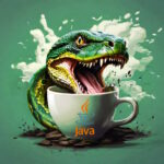 Gruene Python frisst Java Kaffeetasse